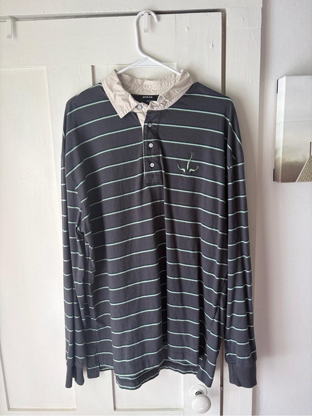 Prana Long-Sleeve Polo with Mint Stripe
